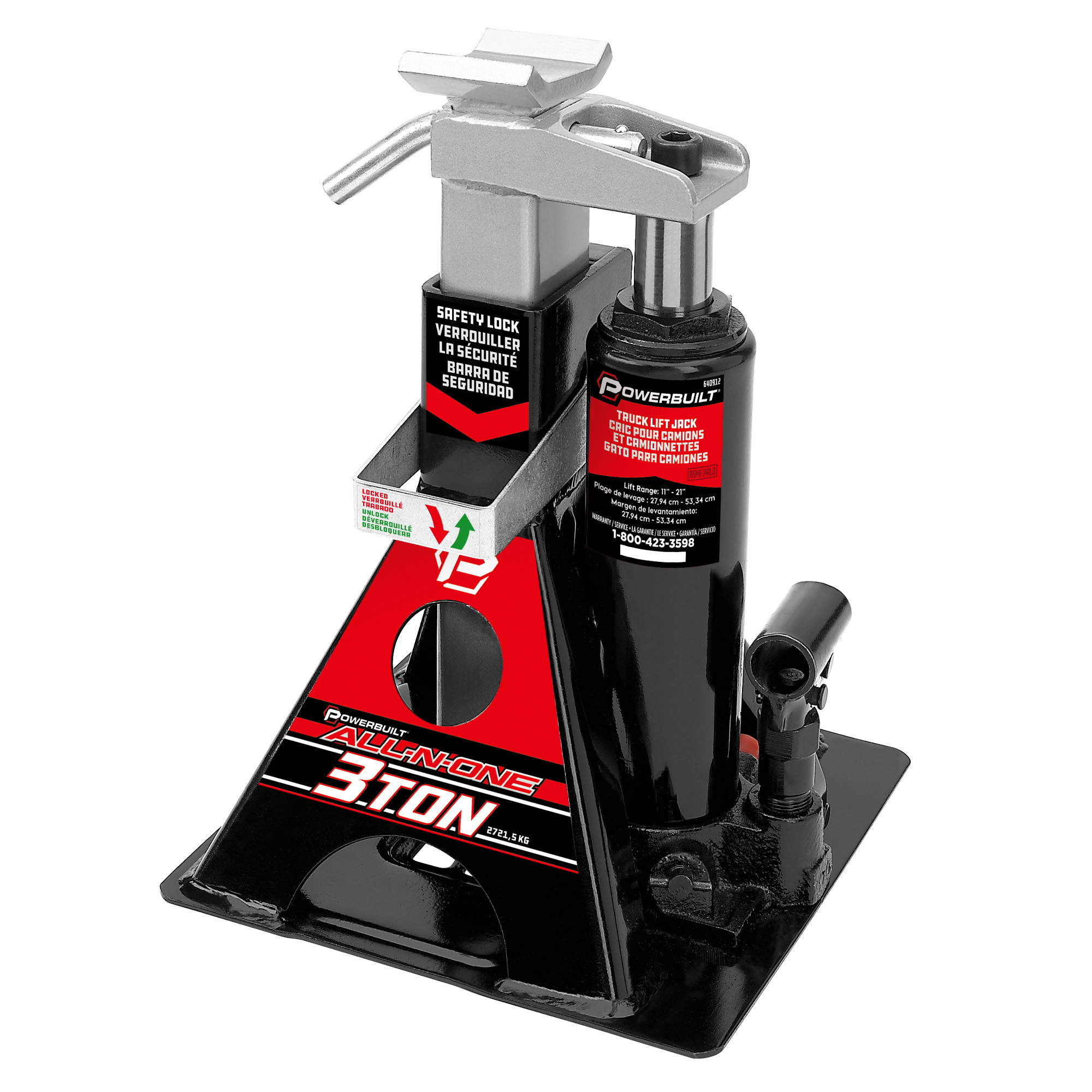 Powerbuilt, 3 Ton All-in-One Jackstand/Bottle Jack, Lift Capacity 3 Tons, Max. Lift Height 21 in, Model# 640912